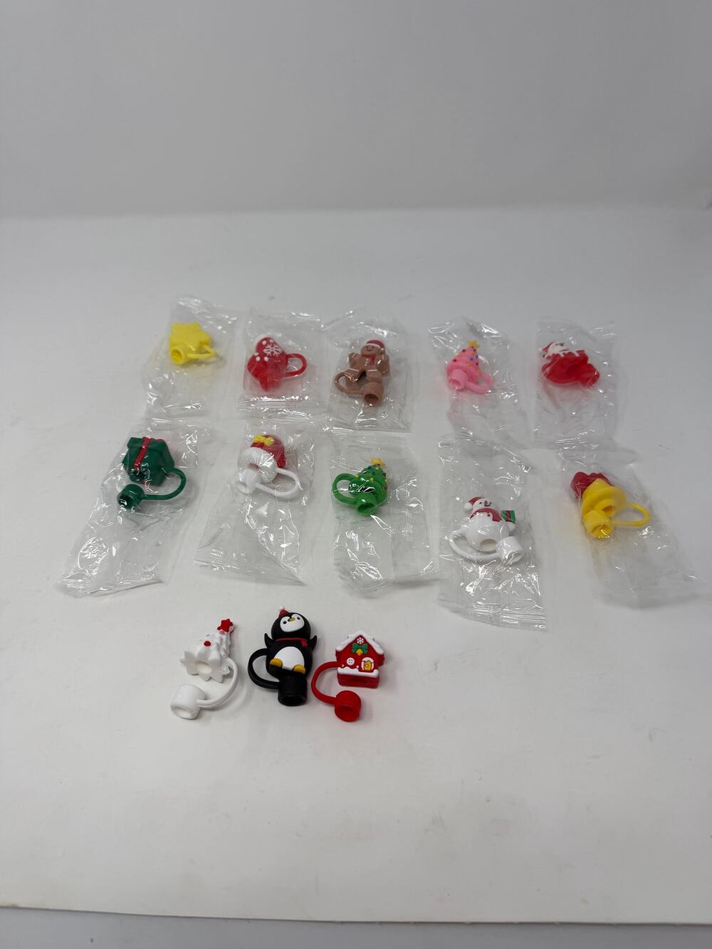 Christmas Silicone Straw Covers Set of 13 Santa Snowman Tree Gift Star Penguin